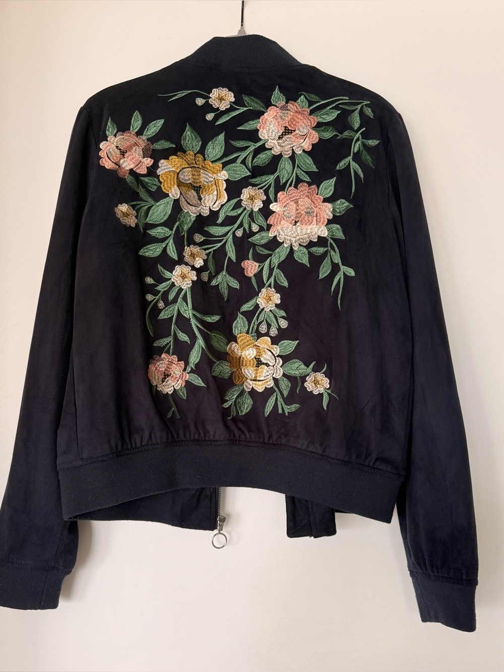 Bagatelle Navy Blue Bomber Jacket with Pink & Yellow Floral Embroidery